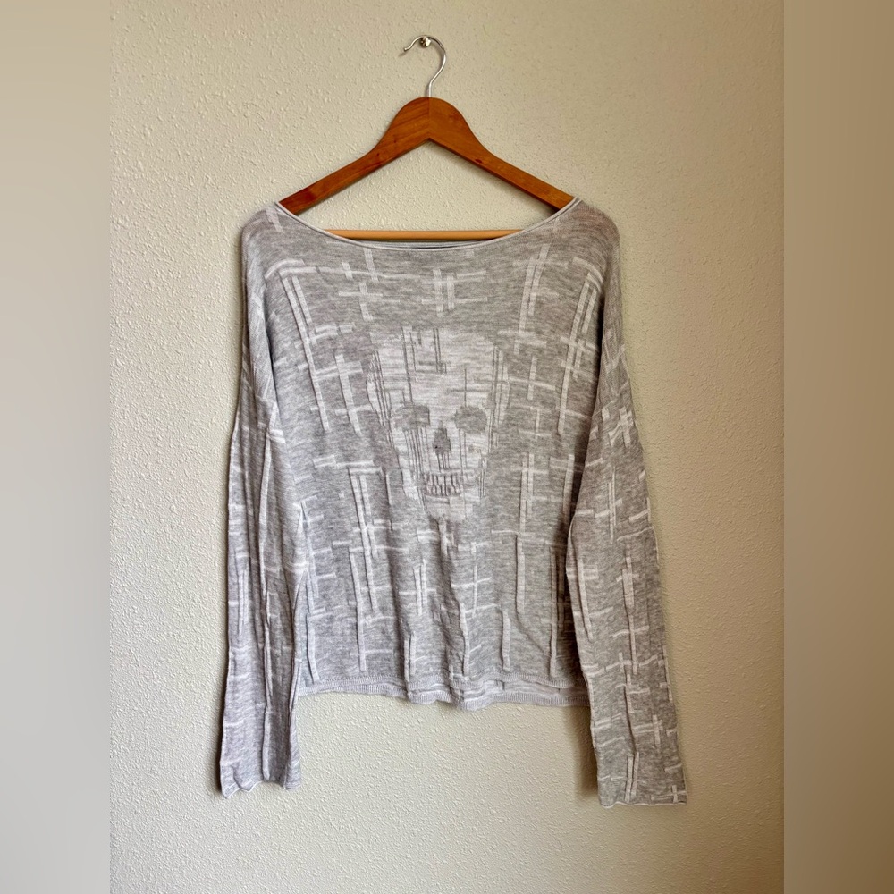 Skull Cashmere 100% cotton gray skull boat neck sweater size M - Picture 2 of 6